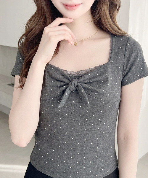 VIVID LADY（ビビッドレディー）の「ドット柄 スクエアネック リボン 半袖Tシャツ トップス（Tシャツ/カットソー・レディース・ホワイト/ライトブルー/グレー・FREE）」の14枚目の写真
