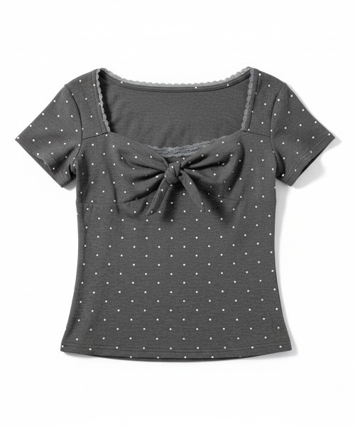 VIVID LADY（ビビッドレディー）の「ドット柄 スクエアネック リボン 半袖Tシャツ トップス（Tシャツ/カットソー・レディース・ホワイト/ライトブルー/グレー・FREE）」の21枚目の写真