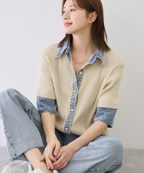 Jayro（ジャイロ）の「デニムドッキング半袖カーディガン（カーディガン/ボレロ・レディース・チャコールグレー/ベージュ/ネイビー/ブラック/ライトグレー・M）」の16枚目の写真