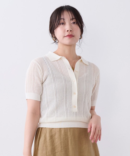 MICA&DEAL（マイカ＆ディール）の「透かし柄ポロニット（ニット/セーター・レディース・オフホワイト/キャメル/ブラック・FREE）」の4枚目の写真
