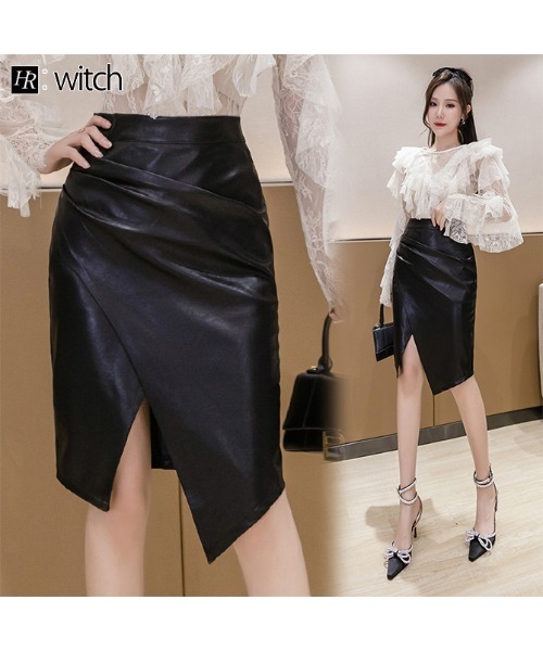 witch（ウイッチ）の「レザー調ミディ丈ハイウエストスリットスカート（スカート・レディース・ブラック・S/M/L/XL）」の2枚目の写真