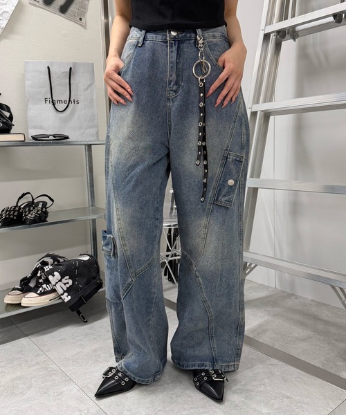 Figments(フィグメンツ)の「アシメフラップバギー(デニムパンツ・レディース・ブラック/インディゴブルー・MEDIUM/SMALL/LARGE)」の1枚目の写真