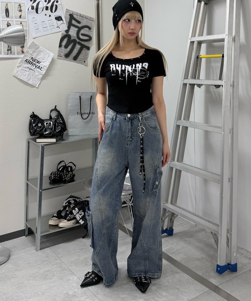 Figments(フィグメンツ)の「アシメフラップバギー(デニムパンツ・レディース・ブラック/インディゴブルー・MEDIUM/SMALL/LARGE)」の4枚目の写真