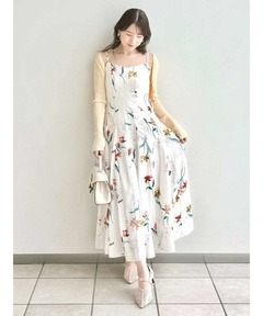 リリープリントフレアスリーブバックレースアップワンピース