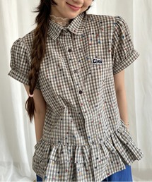 チェック柄シャーリングペプラムブラウス／フリル半袖トップス