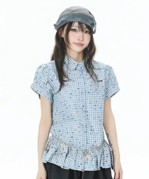 チェック柄シャーリングペプラムブラウス/フリル半袖トップス