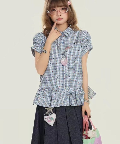 GEMEDA（ジェメダ）の「チェック柄シャーリングペプラムブラウス／フリル半袖トップス（シャツ/ブラウス・レディース・ブルー/ベージュ・M）」の12枚目の写真
