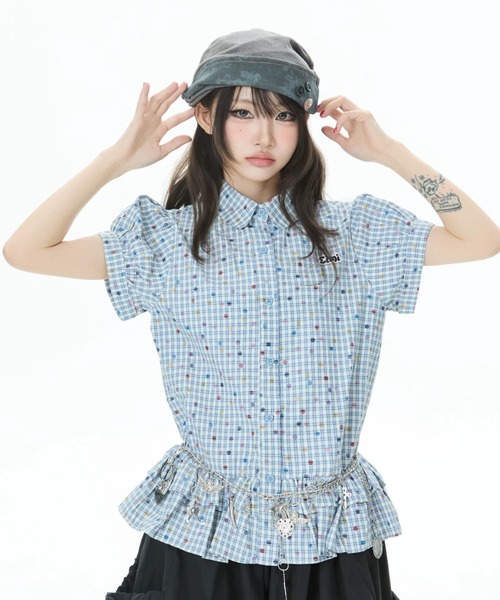 GEMEDA（ジェメダ）の「チェック柄シャーリングペプラムブラウス／フリル半袖トップス（シャツ/ブラウス・レディース・ブルー/ベージュ・M）」の11枚目の写真
