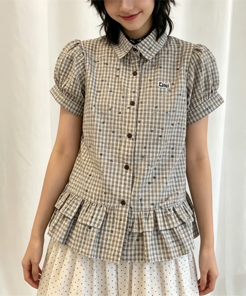 GEMEDA（ジェメダ）の「チェック柄シャーリングペプラムブラウス／フリル半袖トップス（シャツ/ブラウス・レディース・ブルー/ベージュ・M）」の15枚目の写真