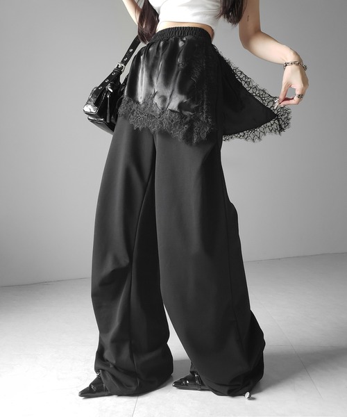 me+em select(ミームセレクト)の「【 2color 】レースドッキングレイヤードスウェットワイドパンツ / lace docking layered sweat wide pants(スウェットパンツ・レディース・ブラック/ホワイト・FREE)」の17枚目の写真