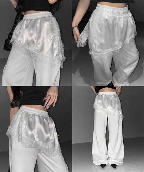 me+em select(ミームセレクト)の「【 2color 】レースドッキングレイヤードスウェットワイドパンツ / lace docking layered sweat wide pants(スウェットパンツ・レディース・ブラック/ホワイト・FREE)」の5枚目の写真