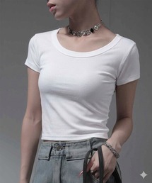 ワイドUネック クロップド丈 リブ半袖Tシャツ