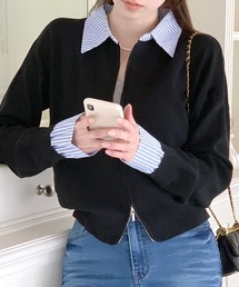 ストライプシャツレイヤード風ダブルジップニット