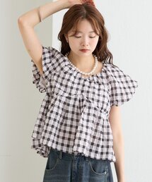 【3色展開】チェックパフブラウス