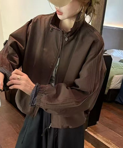 shyam inspiration(シャムインスピレーション)の「袖チェック切替スタンドカラーブルゾン(ブルゾン・レディース・ベージュ/ネイビー/ブラウン・M/L)」の2枚目の写真