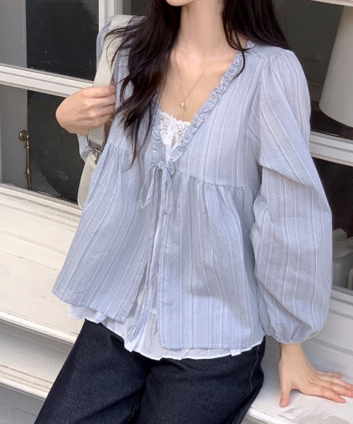 Amulet(アミュレット)の「フリルドッキングストライプブラウス(シャツ/ブラウス・レディース・ネイビー/ブルー・M/L/XL)」の19枚目の写真