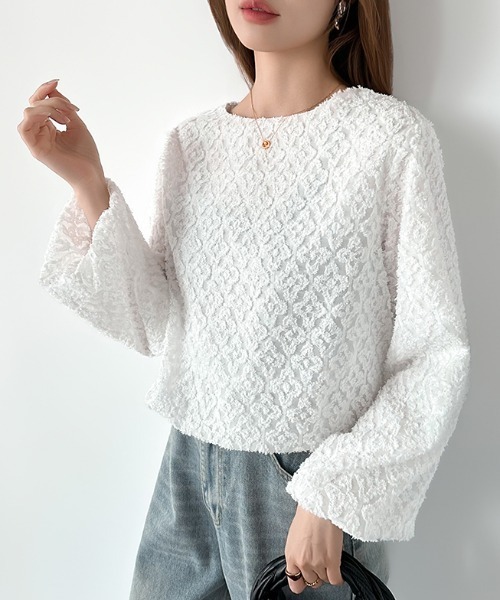 COCOMOMO（ココモモ）の「前後2way着用可能 ジャガードバルーンブラウス リボン 前後2way バルーン ブラウス ジャガード 長袖 トップス バルーンブラウス クロップド ショート丈 春服 秋服（シャツ/ブラウス・レディース・ホワイト/ブラック・FREE）」の16枚目の写真