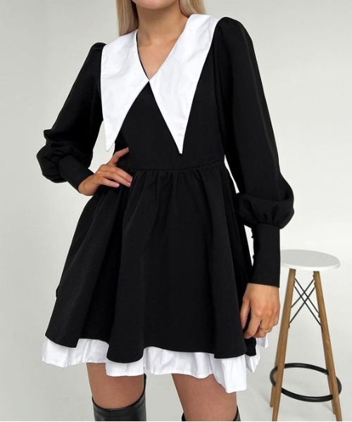 &soiree(アンドソワレ)の「ビックカラー配色フレアミニワンピース(ワンピース・レディース・ブラック・SMALL/LARGE/MEDIUM)」の1枚目の写真