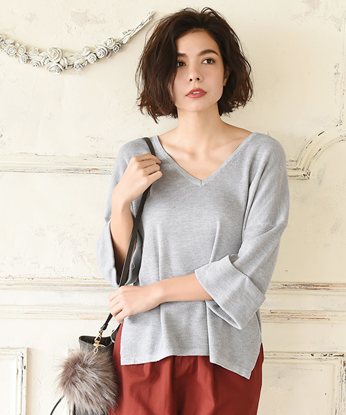 Luz Llena (philter)（ラズレナ　フィルター）の「袖折り返しハイゲージVネックニット（ニット/セーター・レディース・ネイビー/グレー/オフホワイト・MEDIUM）」の15枚目の写真