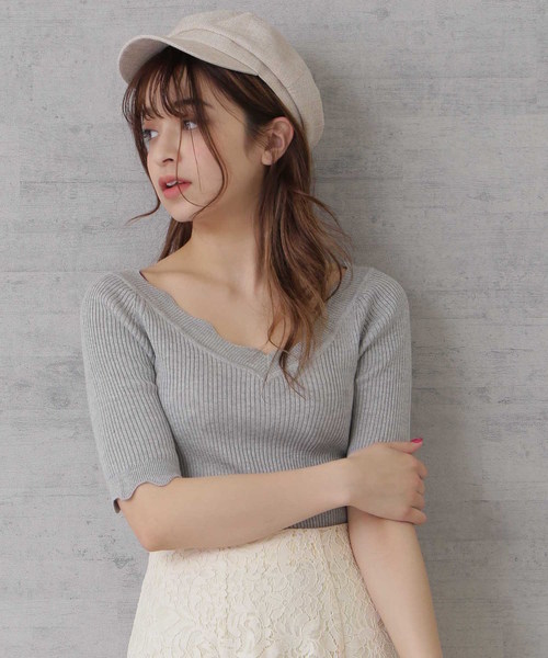 FREE'S MART（フリーズマート）の「◆スカラトリムＶネックリブニット（ニット/セーター・レディース・グレー/ホワイト/ピンク/ネイビー・FREE）」の3枚目の写真