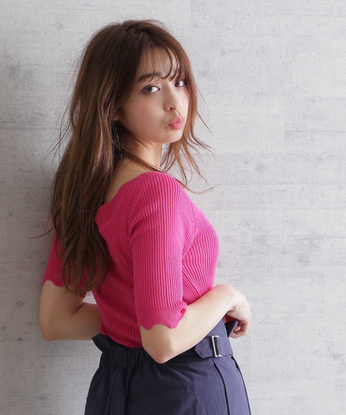 FREE'S MART（フリーズマート）の「◆スカラトリムＶネックリブニット（ニット/セーター・レディース・グレー/ホワイト/ピンク/ネイビー・FREE）」の4枚目の写真