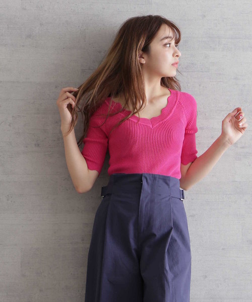 FREE'S MART（フリーズマート）の「◆スカラトリムＶネックリブニット（ニット/セーター・レディース・グレー/ホワイト/ピンク/ネイビー・FREE）」の13枚目の写真