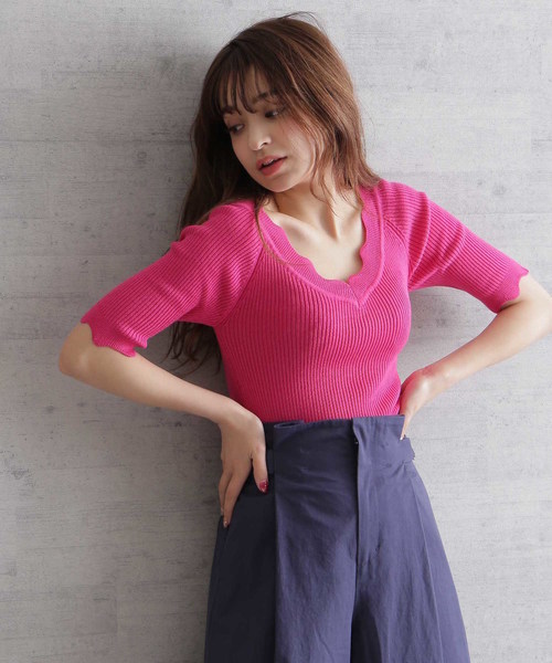 FREE'S MART（フリーズマート）の「◆スカラトリムＶネックリブニット（ニット/セーター・レディース・グレー/ホワイト/ピンク/ネイビー・FREE）」の15枚目の写真