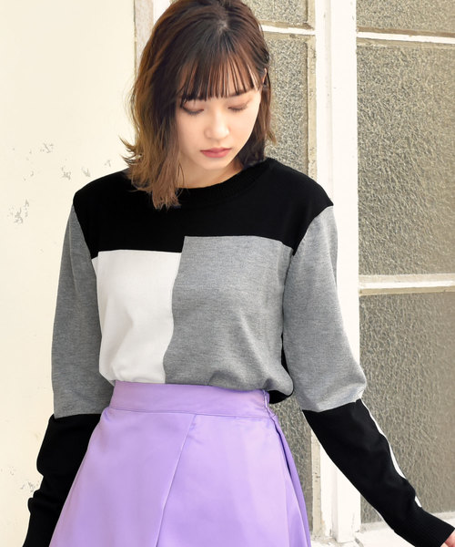 KOBE LETTUCE（コウベレタス）の「ブロッキング柄クルーネックニットトップス＊レディース/セーター/長袖[C3525]神戸レタス（ニット/セーター・レディース・ベージュ/ブラック・FREE）」の2枚目の写真