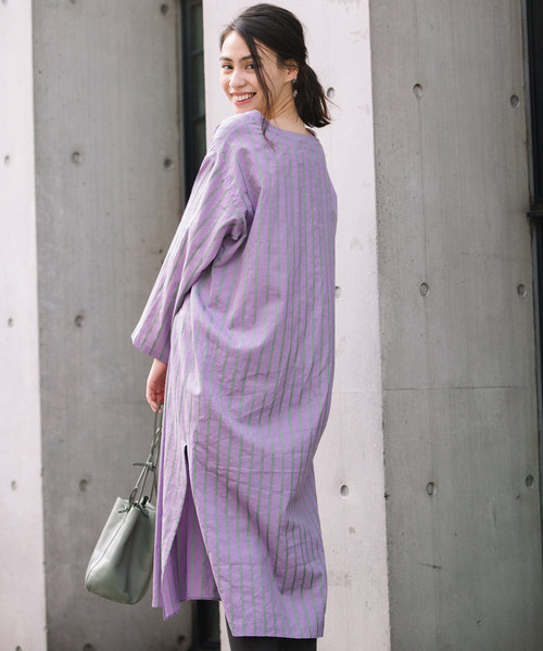 Munich（ミューニック）の「イタリア製シルクレーヨンストライプＶネックシャツワンピース（シャツワンピース・レディース・ベージュ/ネイビー/ピンク/ラベンダー・FREE）」の17枚目の写真