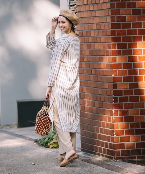 Munich（ミューニック）の「イタリア製シルクレーヨンストライプＶネックシャツワンピース（シャツワンピース・レディース・ベージュ/ネイビー/ピンク/ラベンダー・FREE）」の13枚目の写真