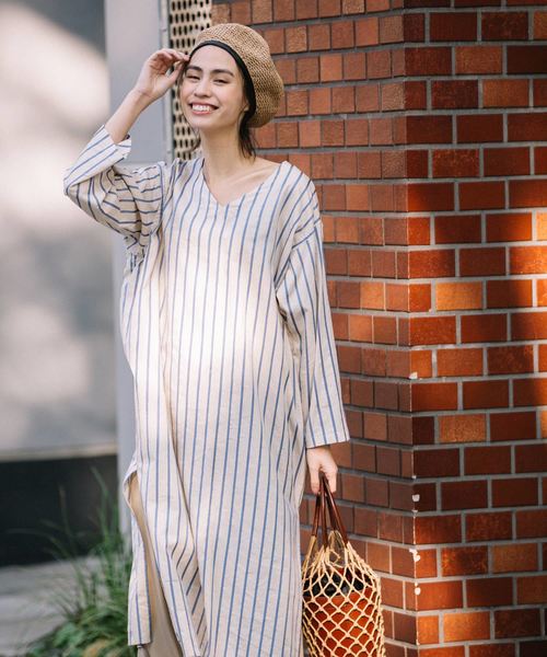 Munich（ミューニック）の「イタリア製シルクレーヨンストライプＶネックシャツワンピース（シャツワンピース・レディース・ベージュ/ネイビー/ピンク/ラベンダー・FREE）」の14枚目の写真