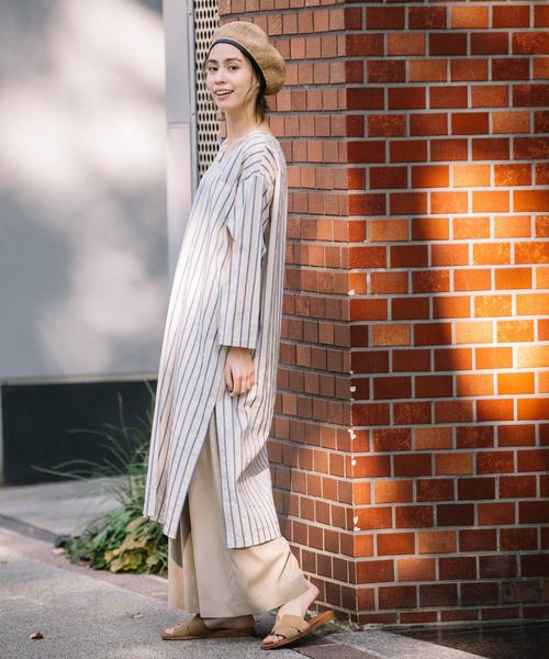 Munich（ミューニック）の「イタリア製シルクレーヨンストライプＶネックシャツワンピース（シャツワンピース・レディース・ベージュ/ネイビー/ピンク/ラベンダー・FREE）」の5枚目の写真