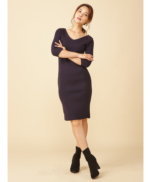 Royal Party ロイヤルパーティー の Vネックタイトニット7分袖ワンピース ワンピース Wear