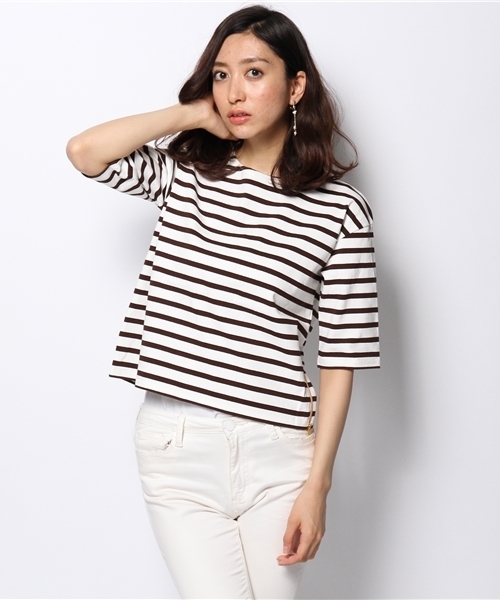 SHIPS for women(シップスフォーウィメン)の「ボーダー 5分袖 カットソー(Tシャツ/カットソー・レディース・ブラック/ネイビー/ホワイト・36/38)」の2枚目の写真