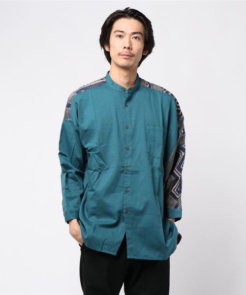 チャイハネ(チャイハネ)の「【チャイハネ】yul ジャガード×無地バンドカラーMEN'Sシャツ(シャツ/ブラウス・メンズ・ブラック/ベージュ/カーキ/ターコイズブルー・FREE)」の4枚目の写真