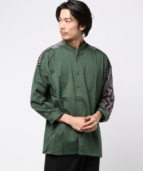 チャイハネ(チャイハネ)の「【チャイハネ】yul ジャガード×無地バンドカラーMEN'Sシャツ(シャツ/ブラウス・メンズ・ブラック/ベージュ/カーキ/ターコイズブルー・FREE)」の3枚目の写真