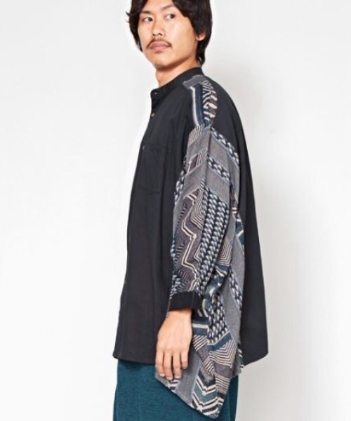 チャイハネ(チャイハネ)の「【チャイハネ】yul ジャガード×無地バンドカラーMEN'Sシャツ(シャツ/ブラウス・メンズ・ブラック/ベージュ/カーキ/ターコイズブルー・FREE)」の7枚目の写真