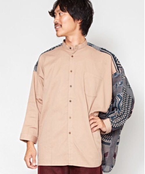 チャイハネ(チャイハネ)の「【チャイハネ】yul ジャガード×無地バンドカラーMEN'Sシャツ(シャツ/ブラウス・メンズ・ブラック/ベージュ/カーキ/ターコイズブルー・FREE)」の8枚目の写真