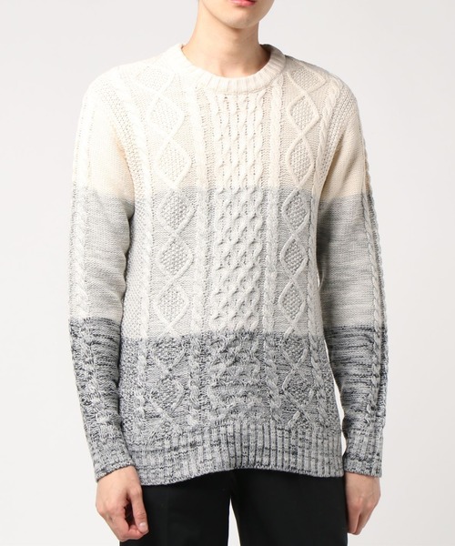 VIBGYOR(ヴィブジョー)の「VIBGYOR Select/ケーブル編クルーネックニット(BL)(ニット/セーター・メンズ・ブラック/ネイビー/ブラウン/アイボリー/ワインレッド/ホワイト系その他/ブラック系その他2/ブルー系その他/杢グレー/パープル系その他/グレー系その他/ベージュ系その他/ブラック系その他/キャメル・MEDIUM/LARGE/X-LARGE)」の1枚目の写真