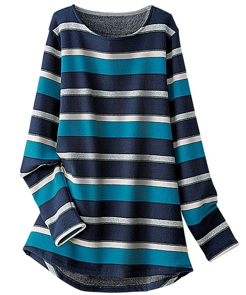 BELLUNA PLUS(ベルーナ)の「ふわふわ裏ファー素材ロングプルオーバー(Tシャツ/カットソー・レディース・ピンク/ターコイズブルー/グリーン/ボルドー/ブラック×グレー/ブラック系その他/グレー系その他/ベージュ系その他/ブルー系その他/イエロー×ブラック/ブラック系その他2/ブラック系その他3/チェリーピンク/ネイビー×ホワイト/グリーン系その他/ブラック/ブルー系その他2・MEDIUM/LARGE/X-LARGE)」の1枚目の写真