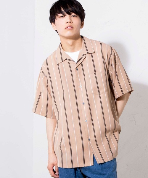 WEGO（ウィゴー）の「WEGO/クラブストライプ半袖開襟シャツ（シャツ/ブラウス・メンズ・ブラック/ベージュ・MEDIUM/LARGE）」の2枚目の写真