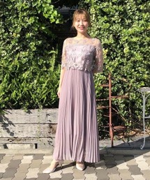 【Cupid Heart】結婚式 オリジナル模様柄刺繍レース使い プリーツ加工ミモレ丈ワンピースドレス