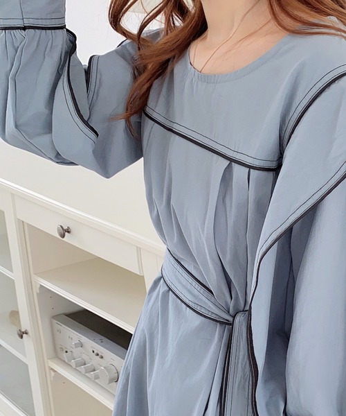 emi+(エミプラス)の「ライン配色スクエアネックワンピース(ワンピース・レディース・チャコールグレー/ライトグレー/ベージュ/サックスブルー/ブルーグレー/ブルー・FREE)」の12枚目の写真