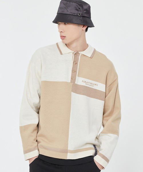 ROMANTIC CROWN（ロマンティッククラウン）の「『ROMANTIC CROWN/ロマンティッククラウン』CONTRAST KNIT POLO/コントラストニットポロ（ポロシャツ・レディース・ベージュ/グリーン・M）」の2枚目の写真
