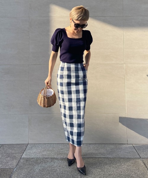 JENNE（ジェンヌ）の「リネン混チェックペンシルスカート（スカート・レディース・ネイビー/ピンク/ブルー・SMALL/MEDIUM/LARGE）」の2枚目の写真