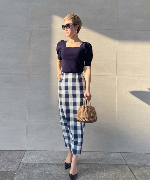 JENNE（ジェンヌ）の「リネン混チェックペンシルスカート（スカート・レディース・ネイビー/ピンク/ブルー・SMALL/MEDIUM/LARGE）」の4枚目の写真