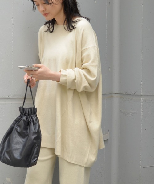 AMERICAN HOLIC（アメリカンホリック）の「クルーネック編地違いニットチュニック（ニット/セーター・レディース・アイボリー/キャメル/サックスブルー/ブラック/ライトベージュ・M/L）」の2枚目の写真