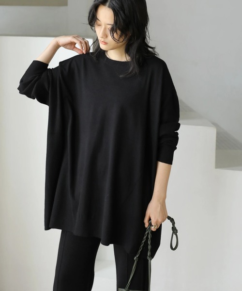 AMERICAN HOLIC（アメリカンホリック）の「クルーネック編地違いニットチュニック（ニット/セーター・レディース・アイボリー/キャメル/サックスブルー/ブラック/ライトベージュ・M/L）」の3枚目の写真