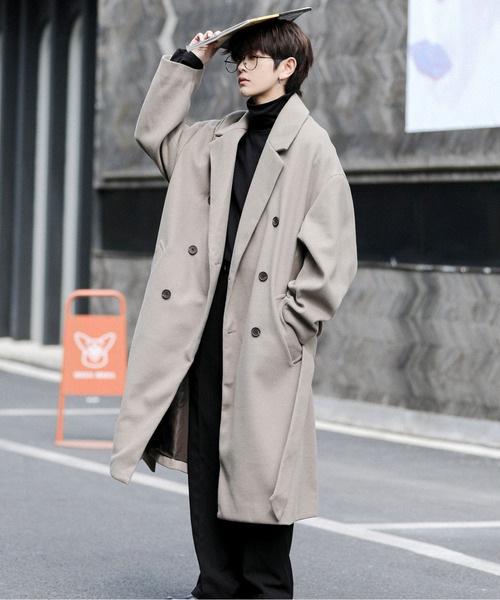 neos（ネオス）の「【neos -addictive design-】オーバーシルエット ウールライク ロング トレンチ ラップコート（トレンチコート・メンズ・ライトベージュ/サックスブルー/ブラウン/ベージュ/ブラック・MEDIUM/LARGE）」の4枚目の写真