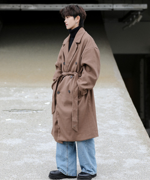 neos（ネオス）の「【neos -addictive design-】オーバーシルエット ウールライク ロング トレンチ ラップコート（トレンチコート・メンズ・ライトベージュ/サックスブルー/ブラウン/ベージュ/ブラック・MEDIUM/LARGE）」の12枚目の写真